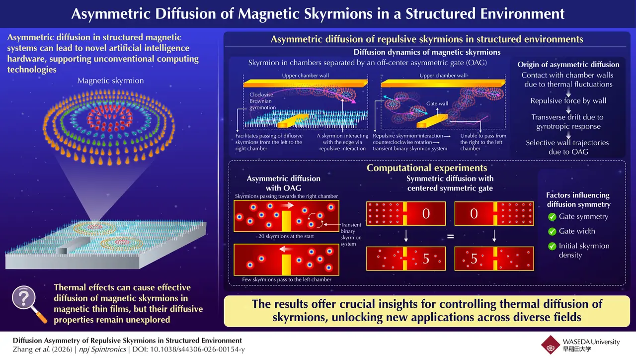 Simulations reveal asymmetric diffusion of magnetic skyrmions through an off-center gate