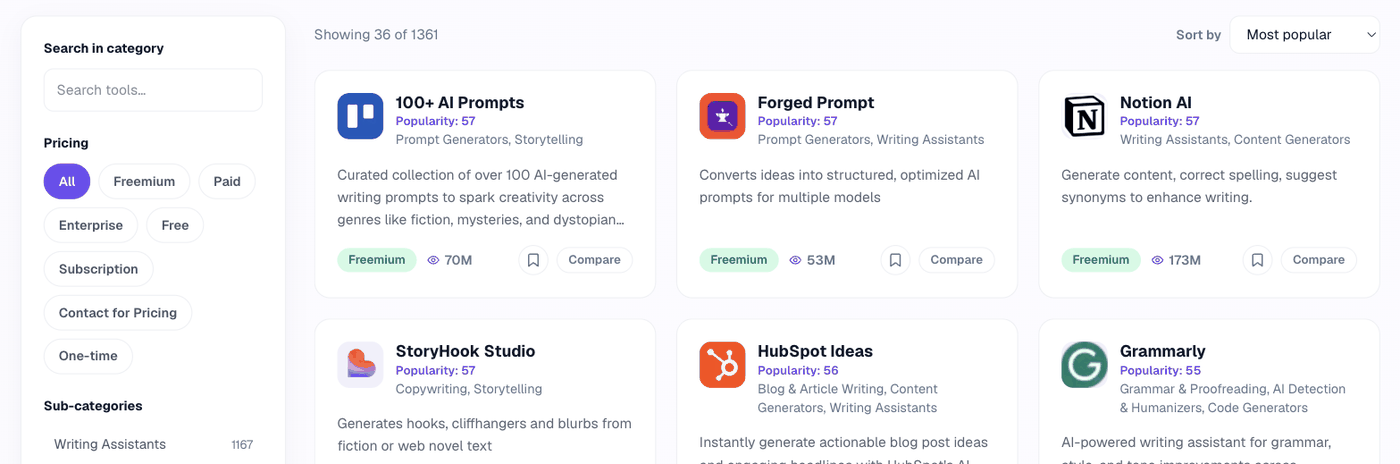 A category page: a left column with a Search in category box and pricing filter buttons, and a Sort by dropdown above the tool grid on the right.