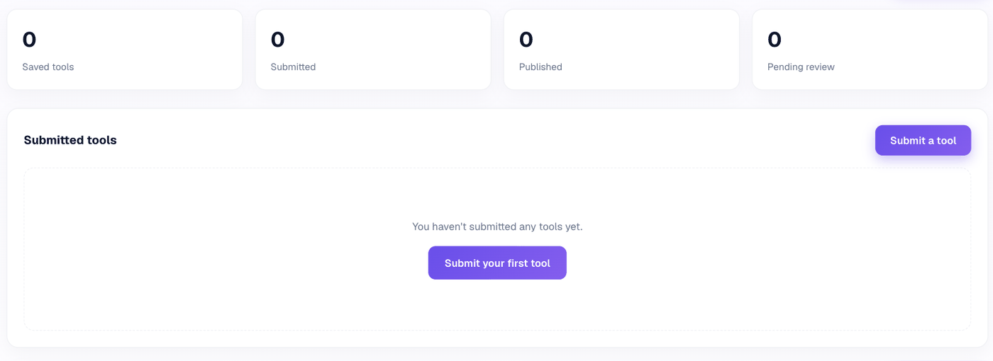 The account dashboard: four stat cards reading Saved tools, Submitted, Published and Pending review, above a Submitted tools panel with a Submit a tool button.