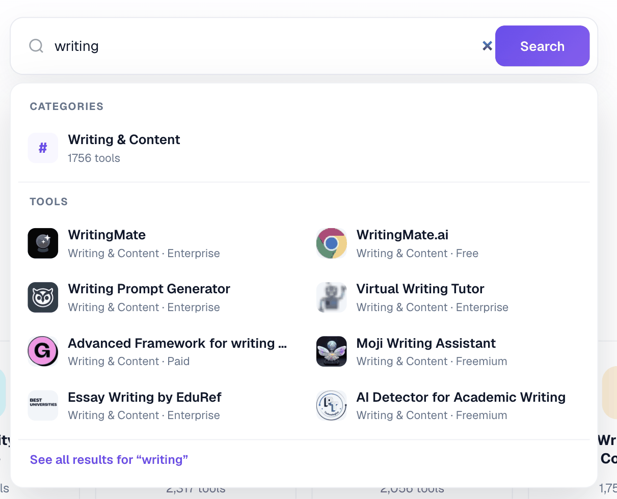 The search box with the word writing typed in, and the suggestions panel below it showing a Categories section above a two-column Tools section.