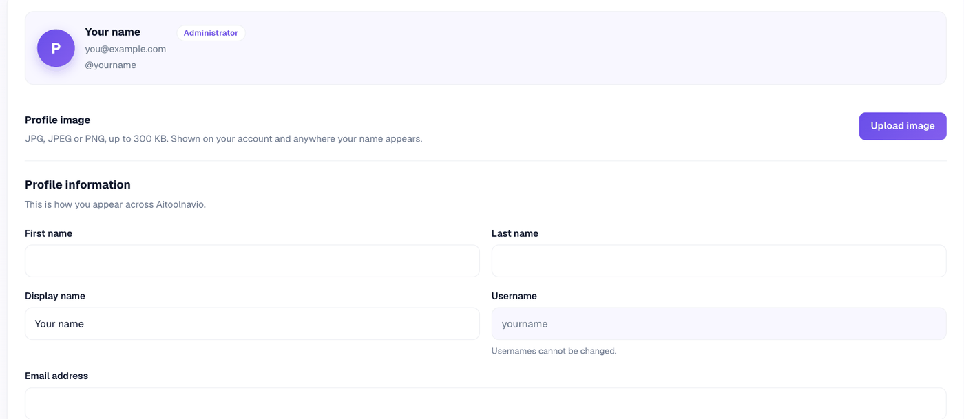 Account settings: an identity card at the top, a Profile image block stating JPG, JPEG or PNG up to 300 KB, and the Profile information fields for first name, last name, display name, username and email address.