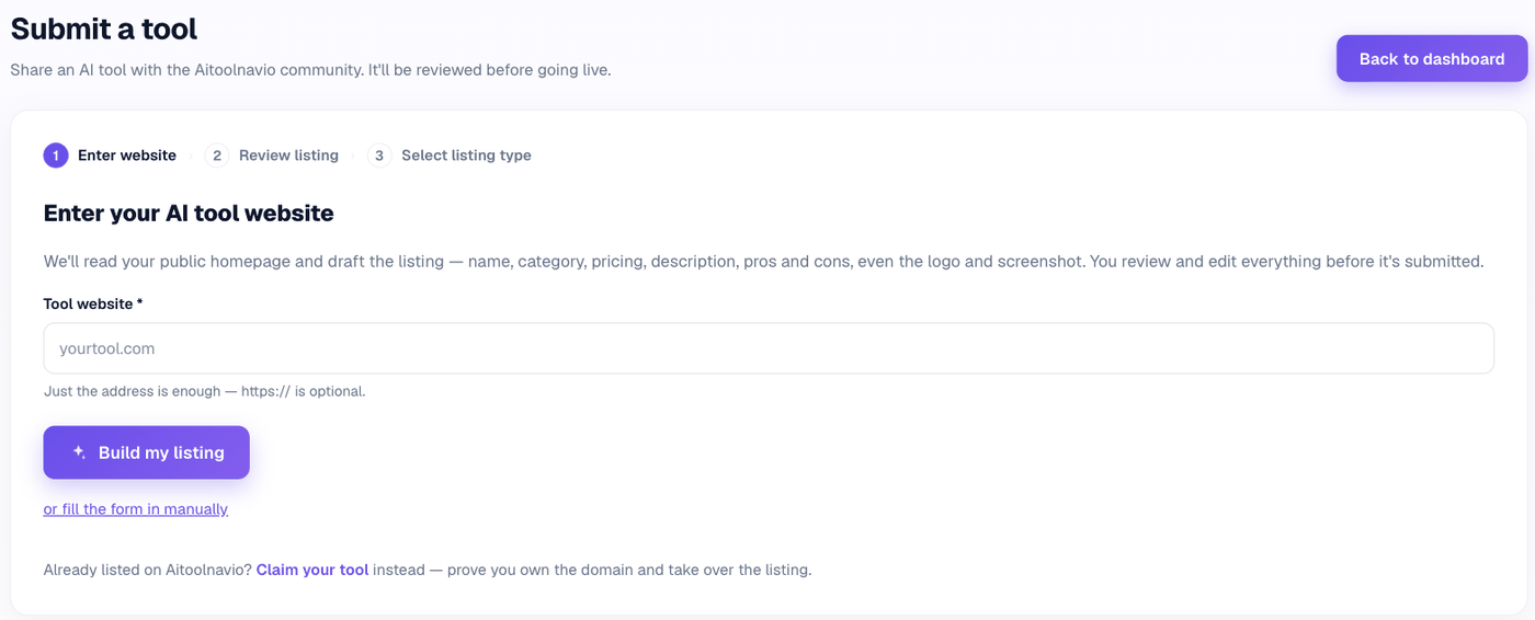 Step one of the submit form: a single Tool website field and a Build my listing button, with a link to fill the form in manually.