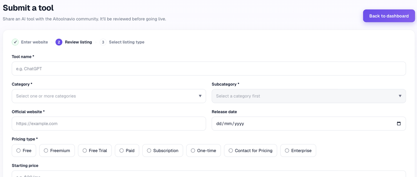 Step two of the submit form: the progress bar with step one ticked, and the review form showing Tool name, Category, Subcategory, Official website, Release date and Pricing type, with required fields marked by an asterisk.