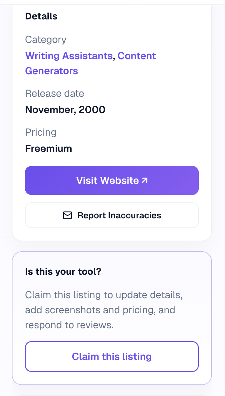 The right-hand sidebar of a tool page, with the Report Inaccuracies button below the Visit Website button in the Details card.